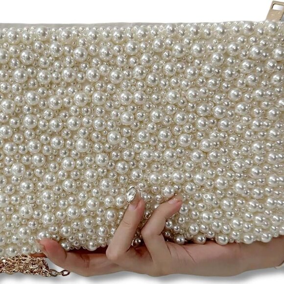 Pearl Night Bag with Chain Beaded Evening Crossbody Elegant Womens Purse - Picture 1 of 14